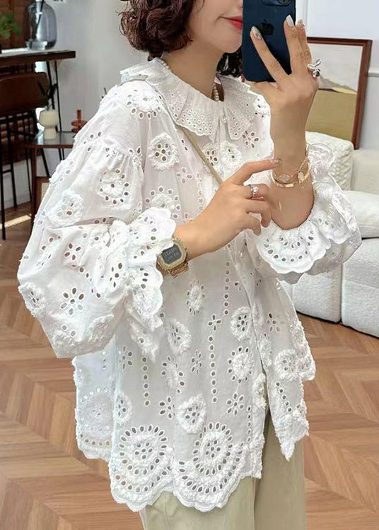 French Handmade White Puff Sleeve Hollow Out Floral Cotton Top