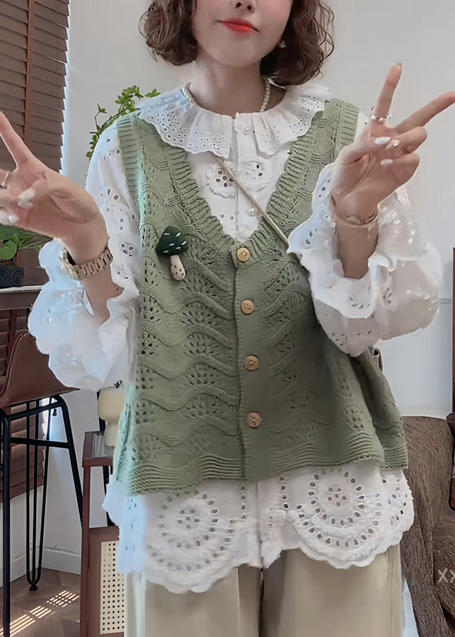 French Handmade White Puff Sleeve Hollow Out Floral Cotton Top