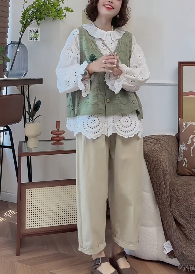 French Handmade White Puff Sleeve Hollow Out Floral Cotton Top