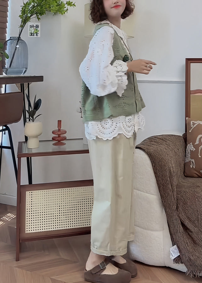 French Handmade White Puff Sleeve Hollow Out Floral Cotton Top