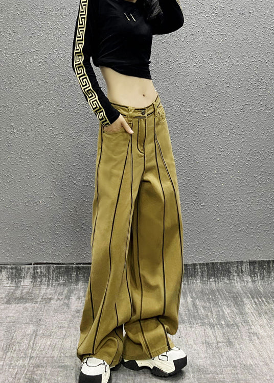 French Khaki Pockets Patchwork Denim Wide Leg Pants Fall
