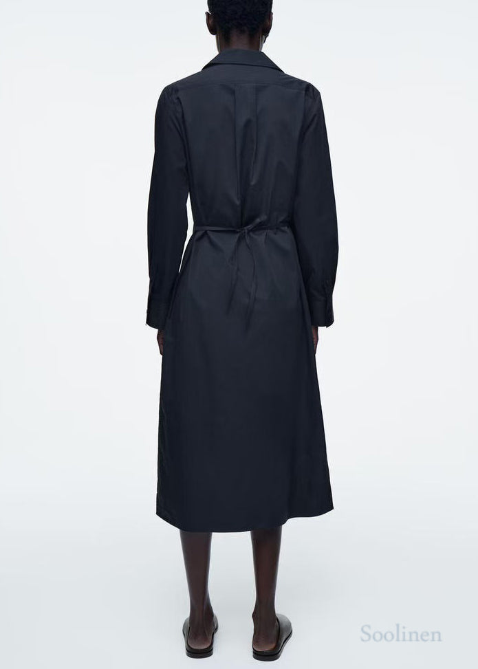 French Navy Oversized Double Breast Cotton Shirt Dresses Fall