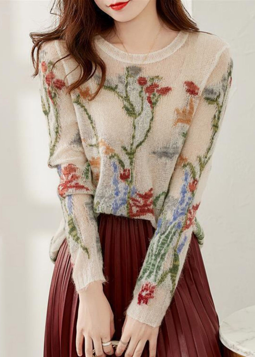 French O-Neck Floral Hollow Out Knit Sweaters