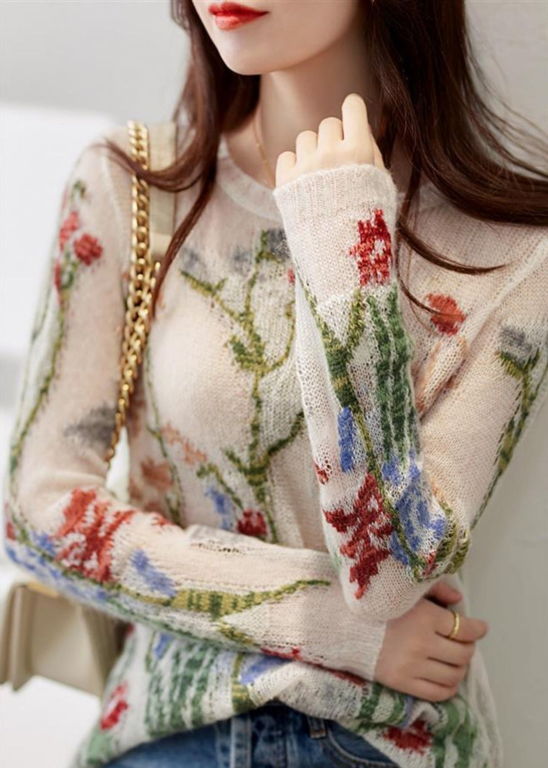 French O-Neck Floral Hollow Out Knit Sweaters