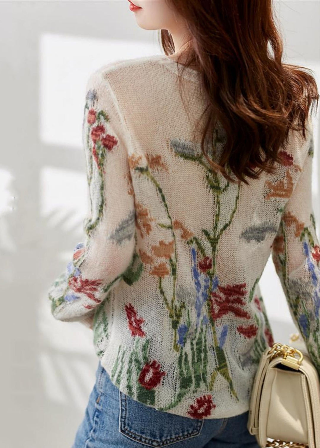 French O-Neck Floral Hollow Out Knit Sweaters