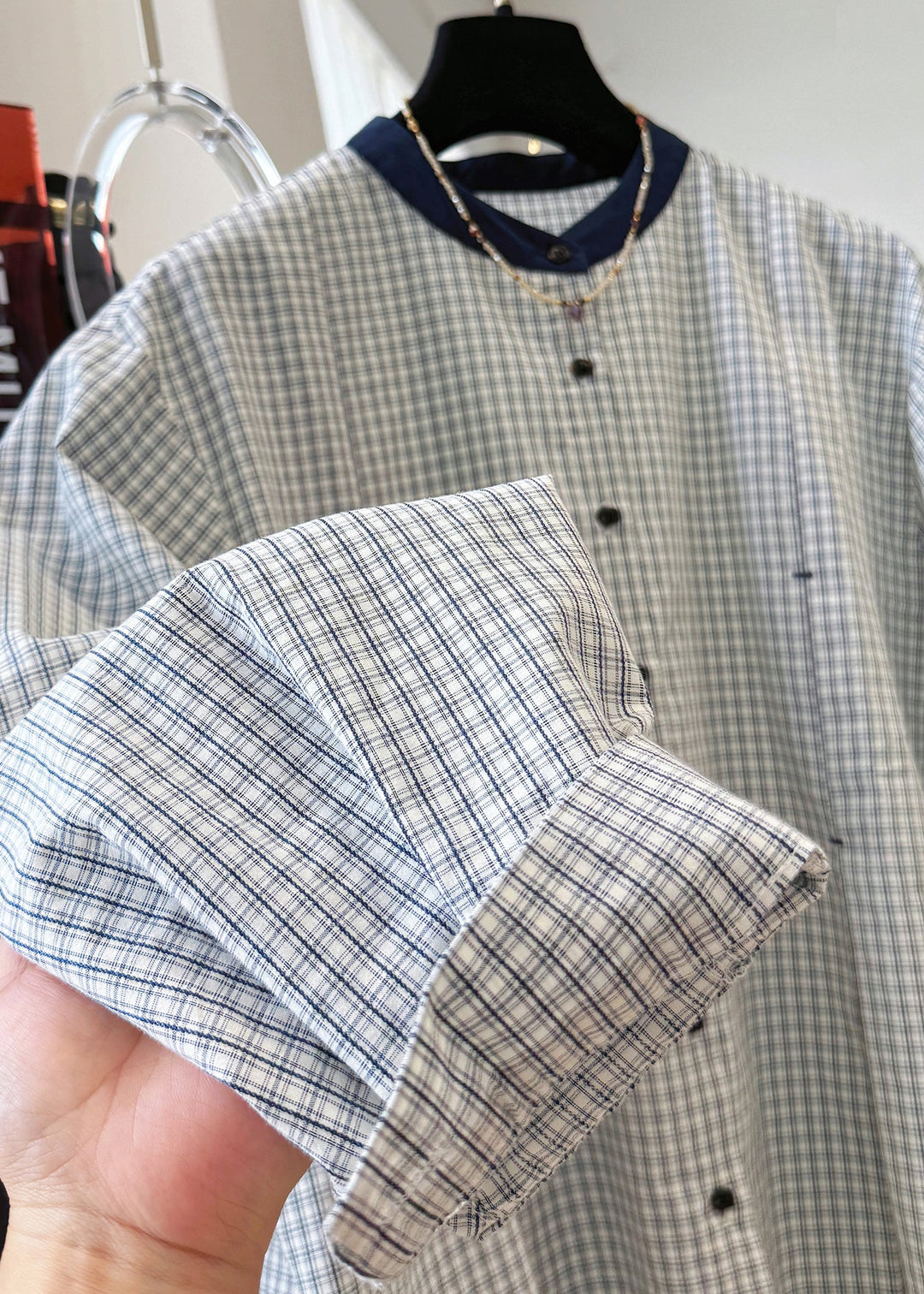 French O Neck Plaid Button Cotton Shirts Top Fall