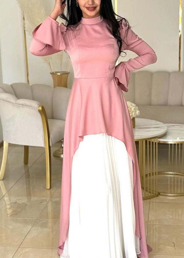 French Pink Stand Collar False Two Pieces Patchwork Silk Dresses Fall