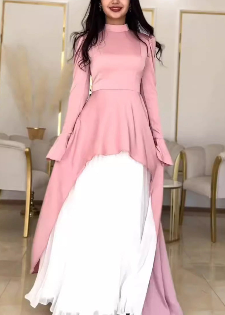French Pink Stand Collar False Two Pieces Patchwork Silk Dresses Fall