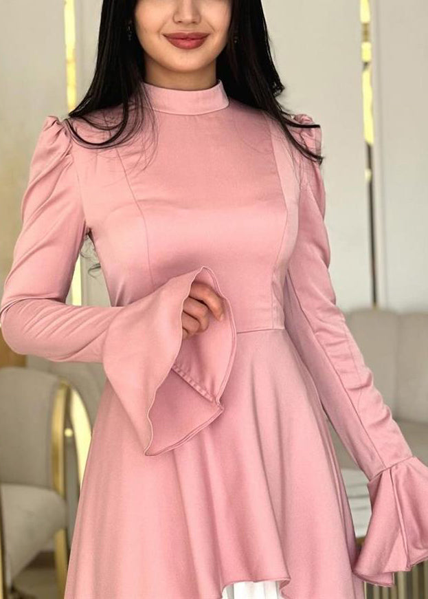 French Pink Stand Collar False Two Pieces Patchwork Silk Dresses Fall