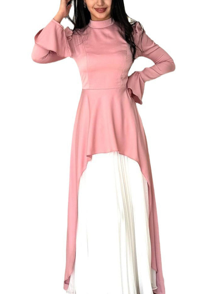 French Pink Stand Collar False Two Pieces Patchwork Silk Dresses Fall