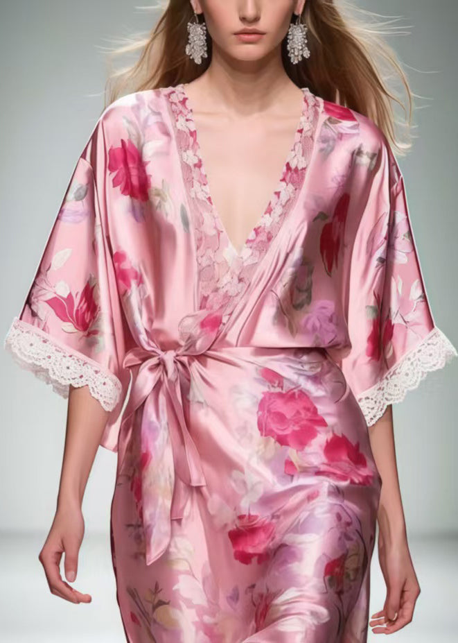 French Pink Tie Waist Patchwork Lace Mid Dress Summer