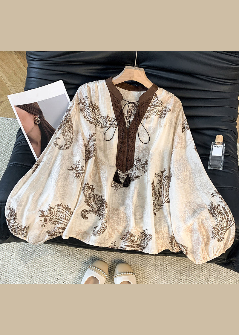 French Print Lace Up Cotton Blouses Lantern Sleeve