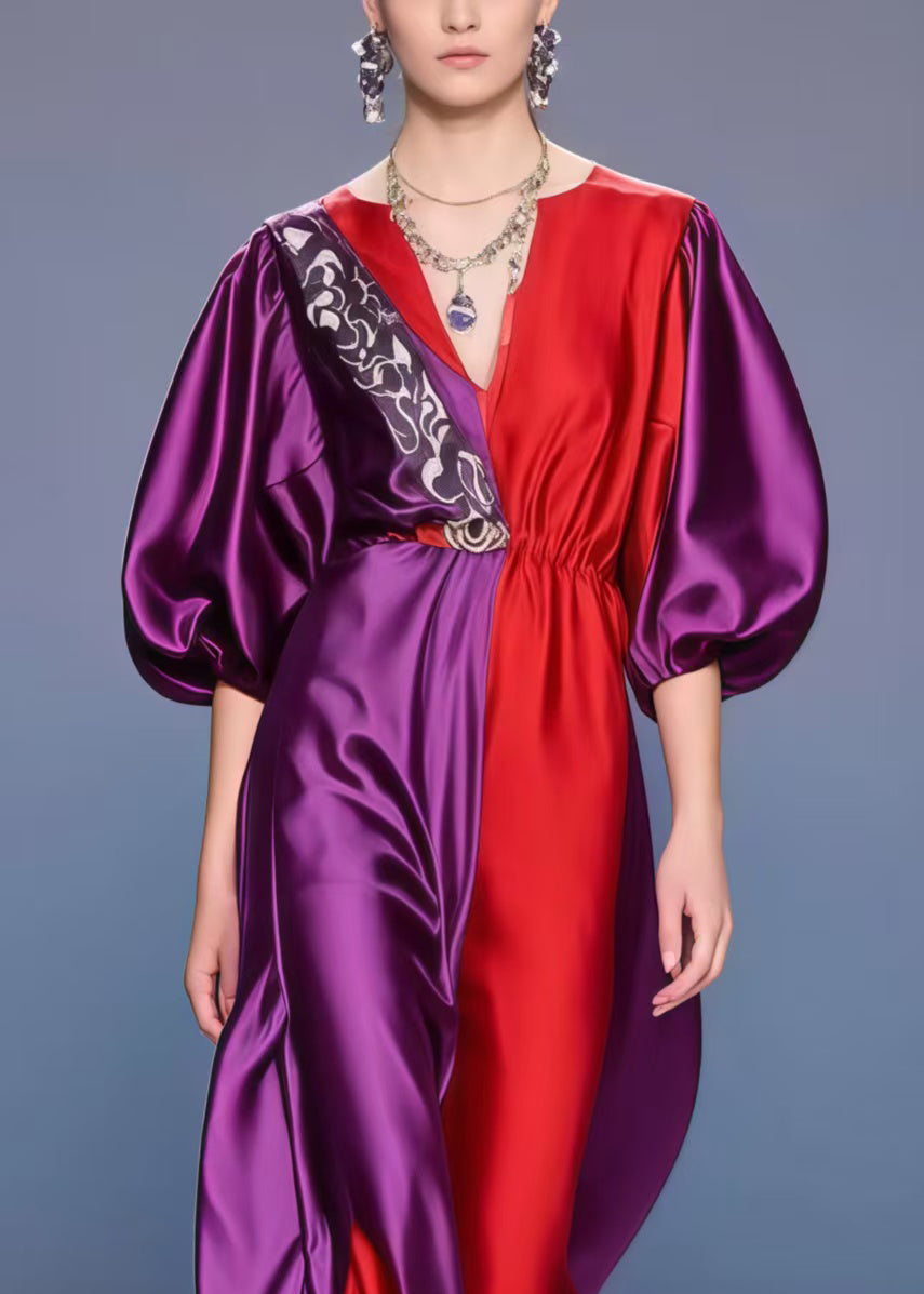 French Purple Asymmetrical Patchwork Silk Ankle Dress Lantern Sleeve