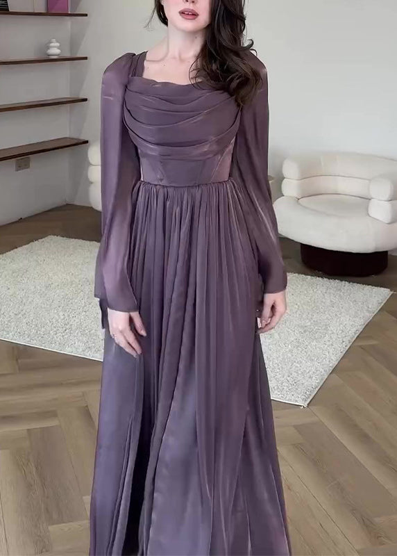 wrinkled silk dress French Purple Square Collar Wrinkled Silk Long Dress Fall – Omychic