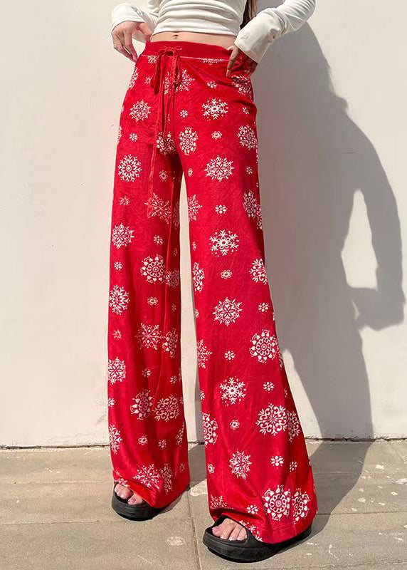 French Red Print Tie Waist Straight Pants Spring