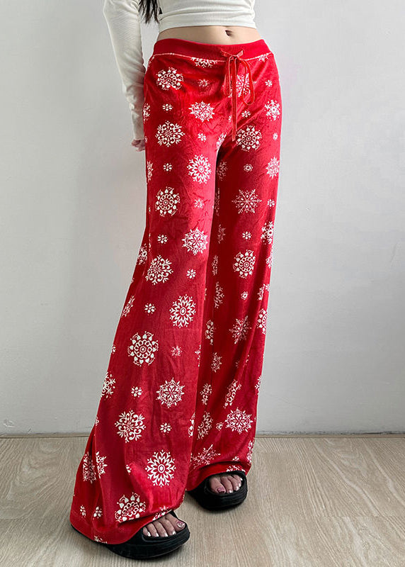 French Red Print Tie Waist Straight Pants Spring