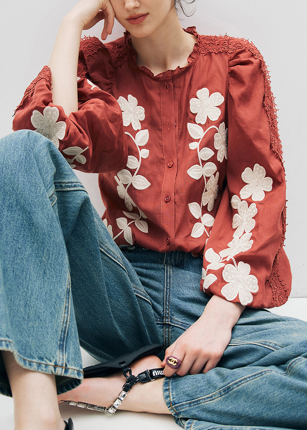 French Red Ruffled Lace Embroidered Cotton Shirt Top Fall