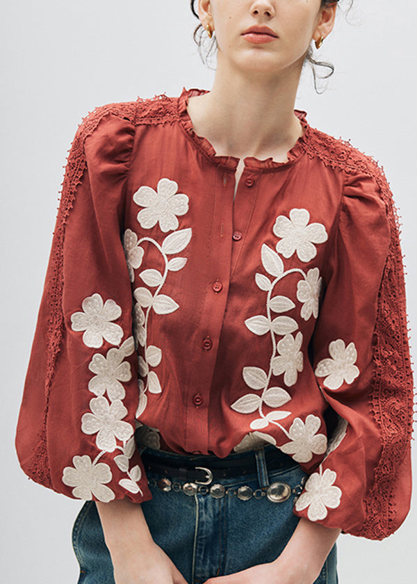 French Red Ruffled Lace Embroidered Cotton Shirt Top Fall