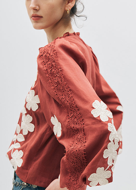 French Red Ruffled Lace Embroidered Cotton Shirt Top Fall