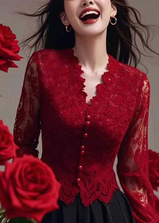 French Red V Neck Slim Fit Lace Shirt Tops Spring