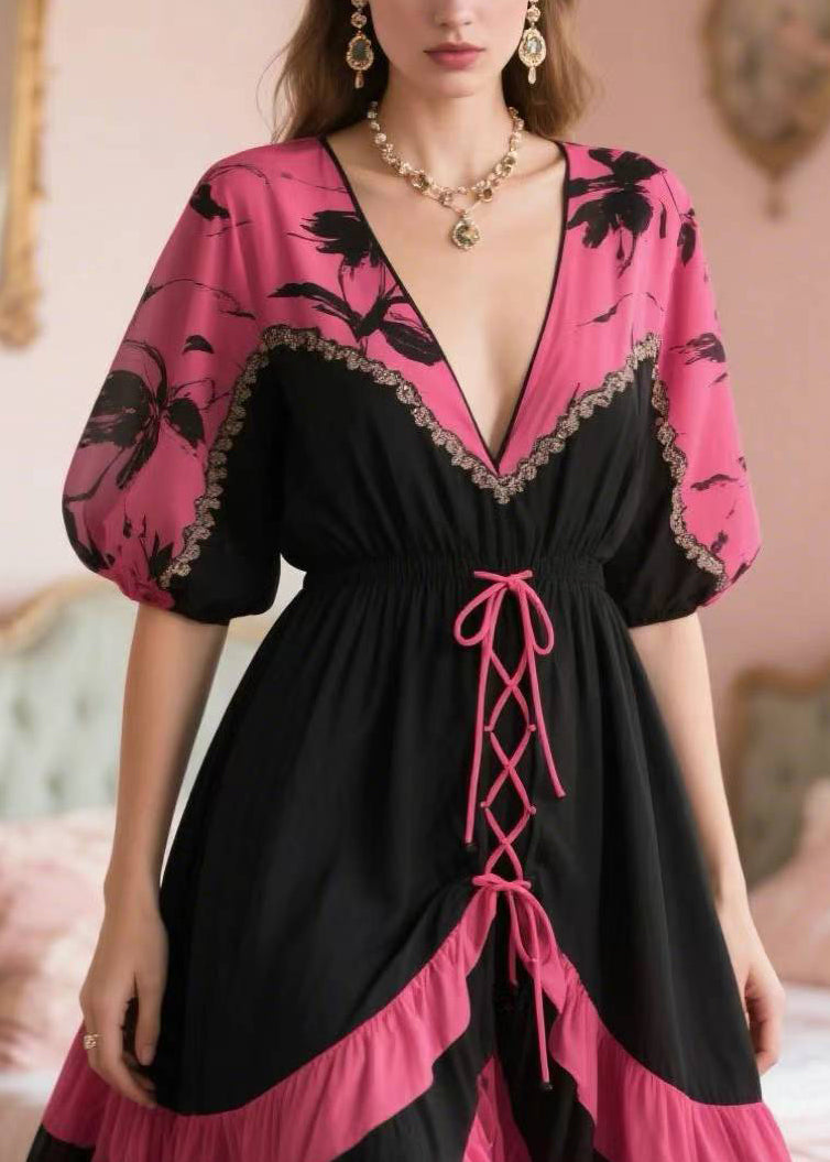 French Rose Cross Strap Patchwork Chiffon Party Dress Summer