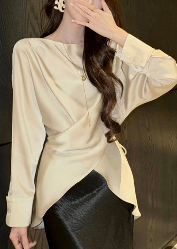 French Rose Slash Neck Asymmetrical Tie Waist Shirt Spring