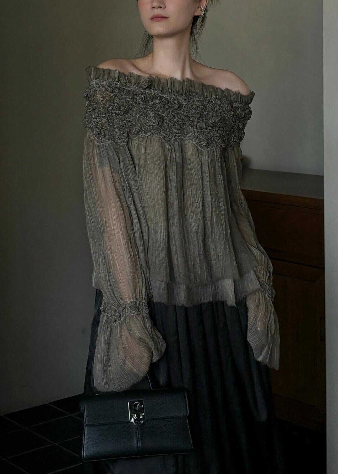 French Slash Neck Ruffled Patchwork Silk Cotton Top