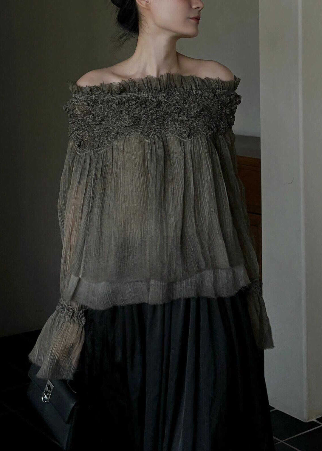 French Slash Neck Ruffled Patchwork Silk Cotton Top