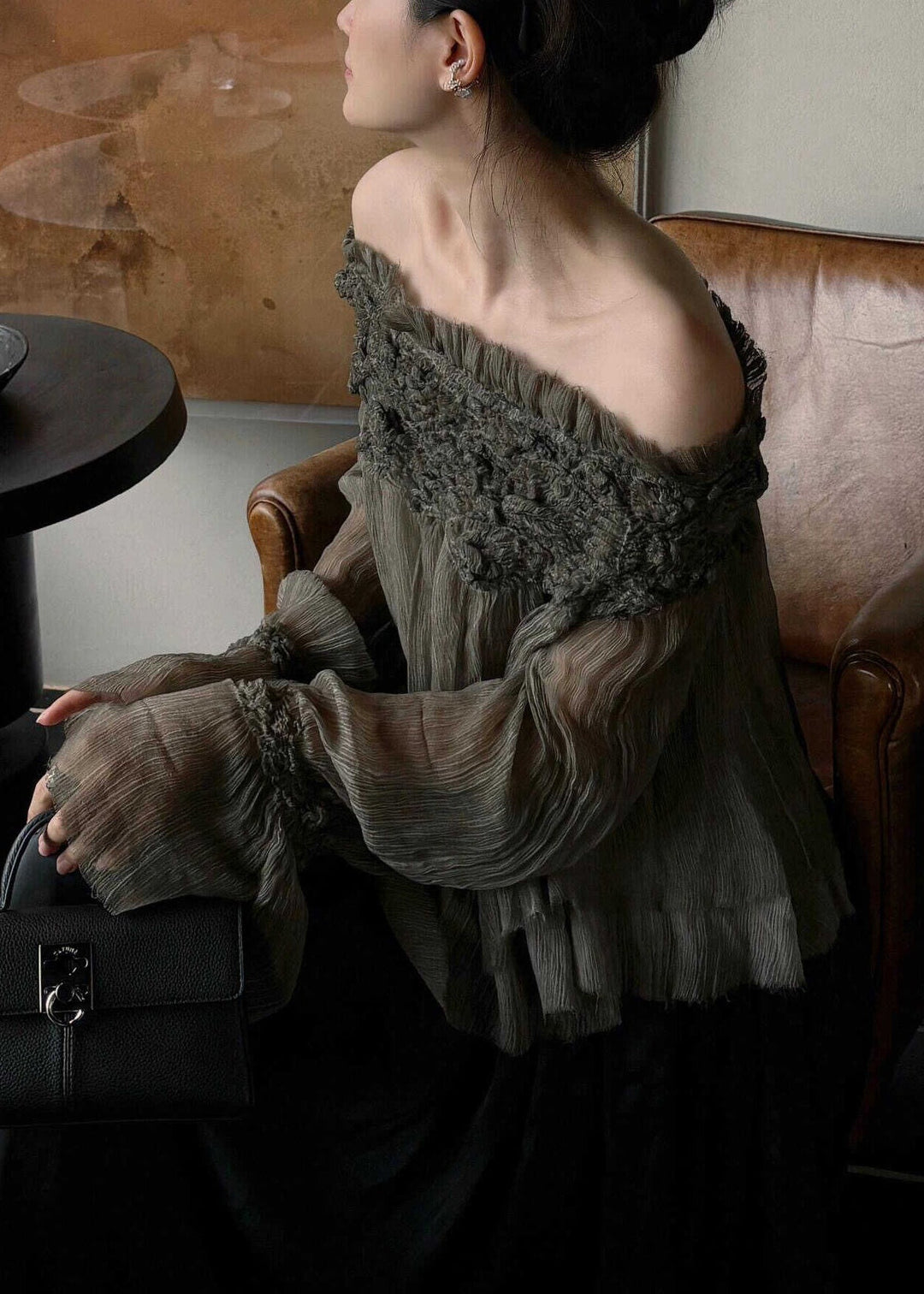 French Slash Neck Ruffled Patchwork Silk Cotton Top