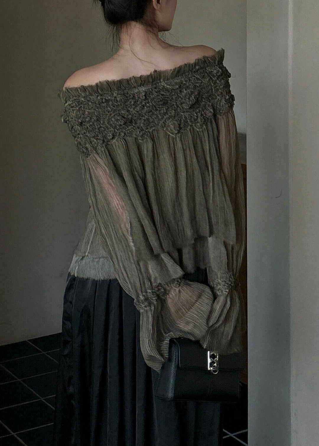 French Slash Neck Ruffled Patchwork Silk Cotton Top