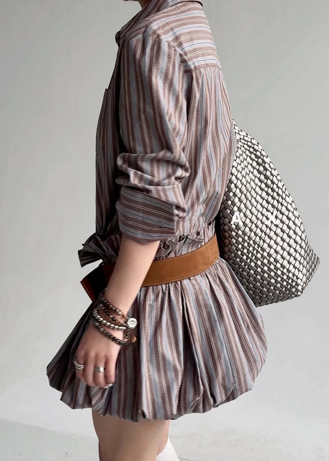 French Striped Ruffled Button Sashes Cotton Shirts Dress Fall