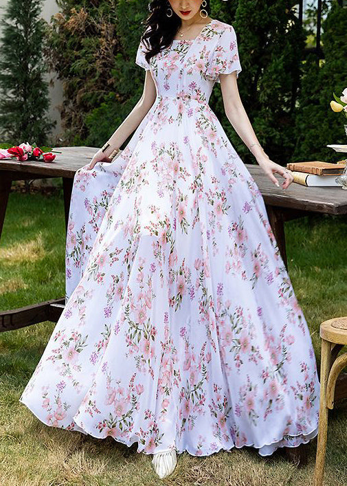 French Style Pink Square Collar Print Chiffon Dresses Summer – Omychic