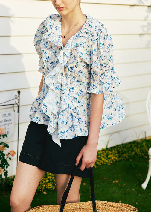 French V Neck Ruffled Print Puff Sleeve Cotton Shirts