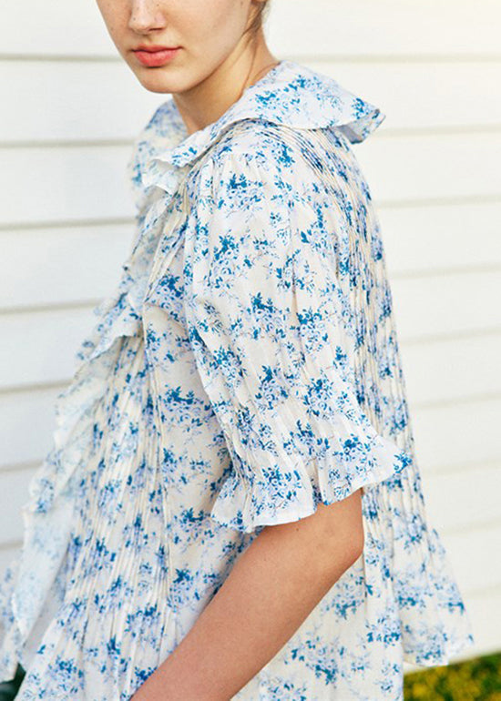 French V Neck Ruffled Print Puff Sleeve Cotton Shirts