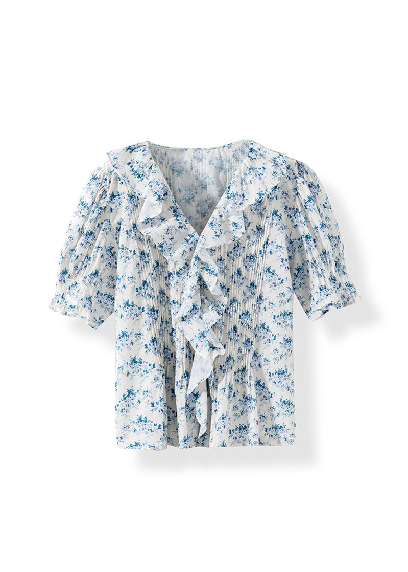 French V Neck Ruffled Print Puff Sleeve Cotton Shirts