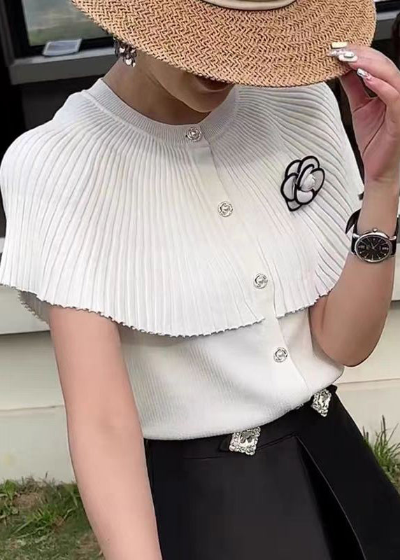 French White O Neck Floral Cloak Knit Blouses Summer
