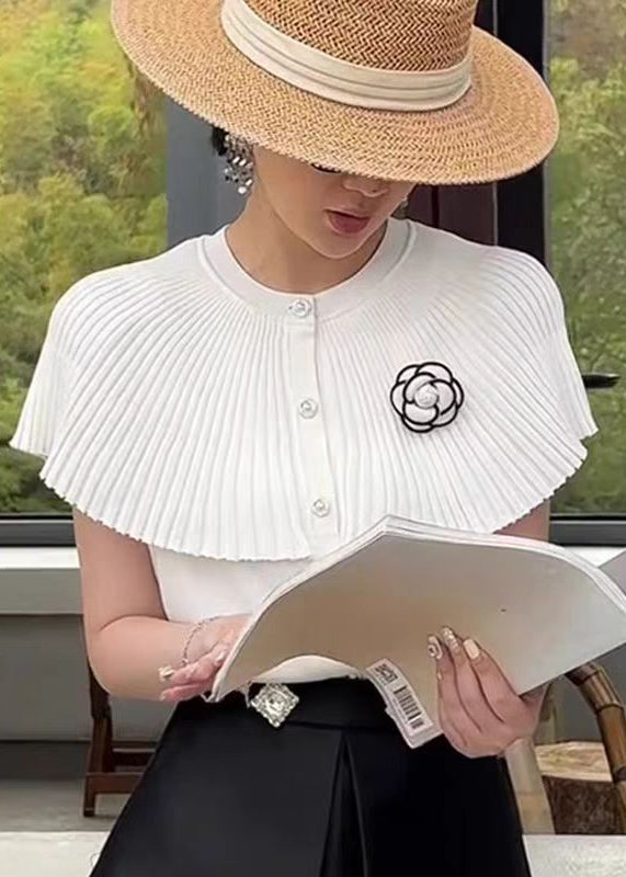 French White O Neck Floral Cloak Knit Blouses Summer