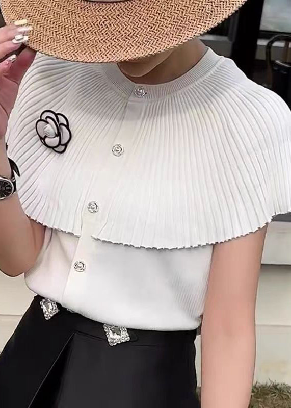 French White O Neck Floral Cloak Knit Blouses Summer