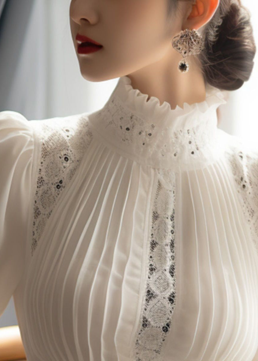 French White Puff Sleeve Lace Wrinkled Patchwork Cotton Top