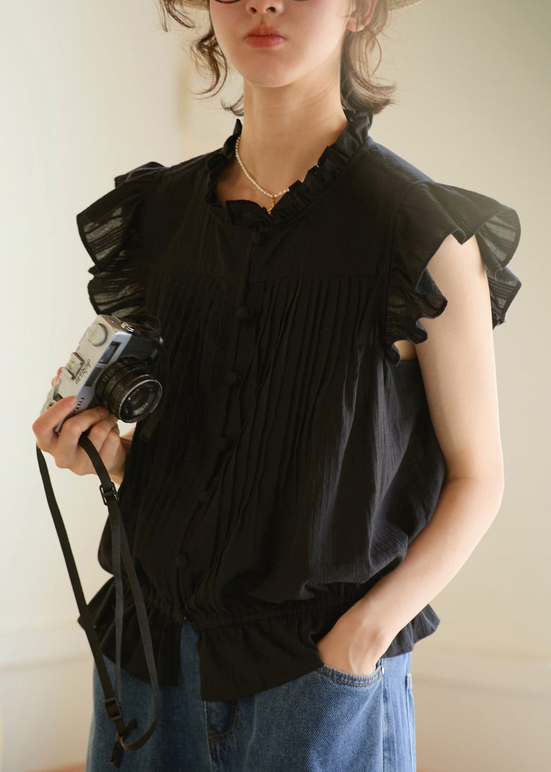 French White Ruffled Button Patchwork Cotton Blouses Summer