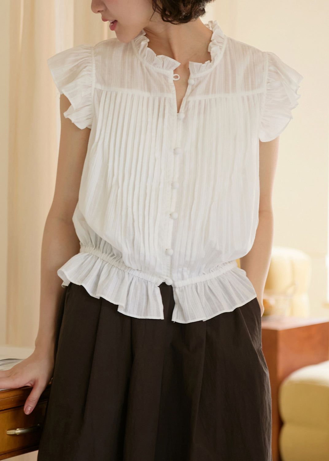 French White Ruffled Button Patchwork Cotton Blouses Summer