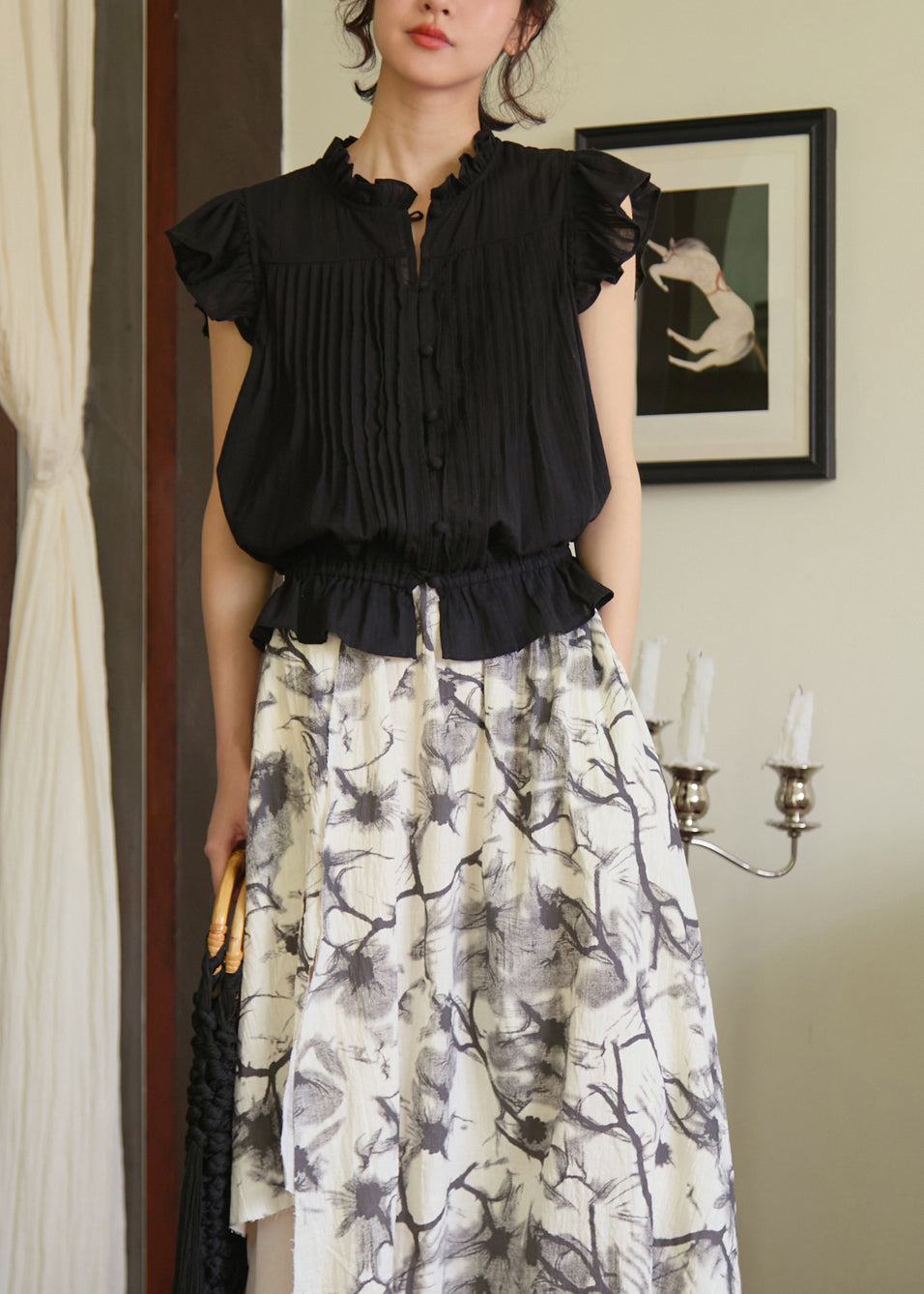 French White Ruffled Button Patchwork Cotton Blouses Summer