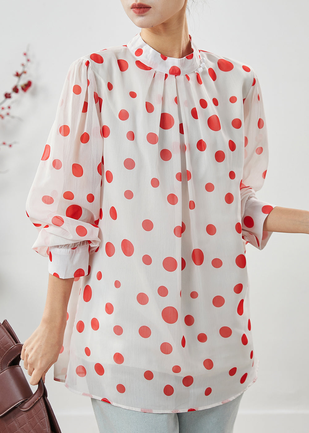 French White Stand Collar Dot Print Chiffon Blouses Spring