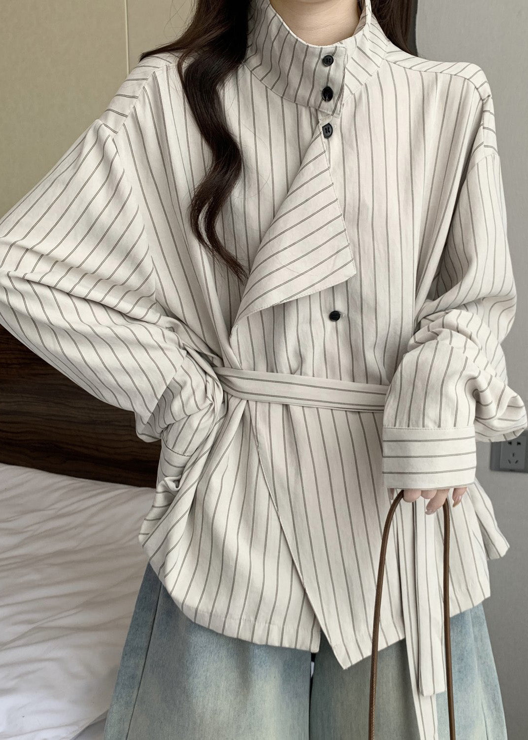 French White Stand Collar Striped Cotton Tunic Coat Fall