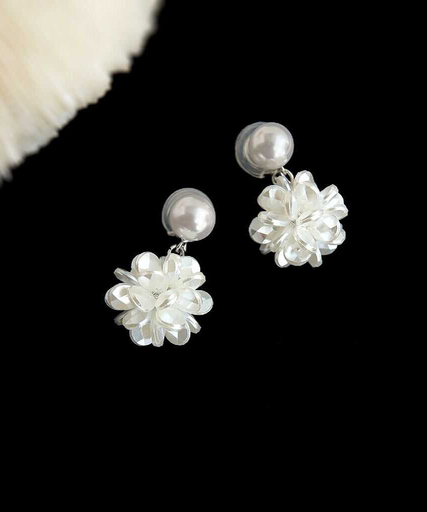 French White Sterling Silver Pearl Resin Floral Stud Earrings