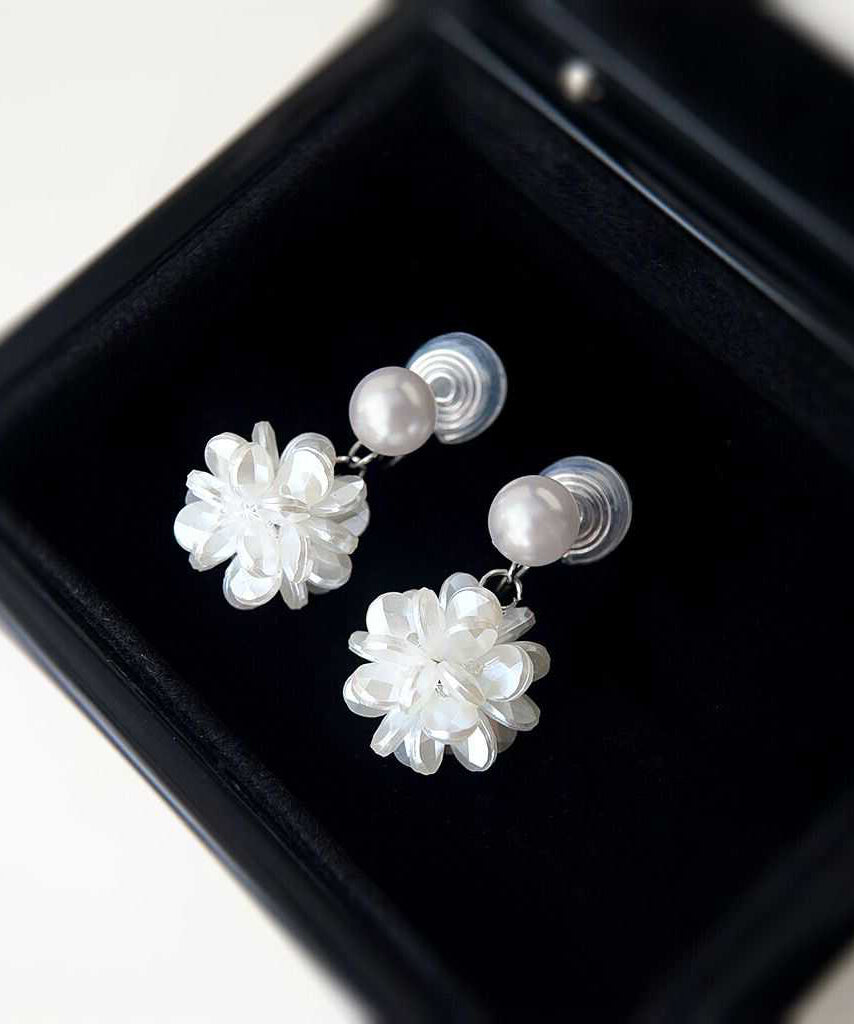 French White Sterling Silver Pearl Resin Floral Stud Earrings