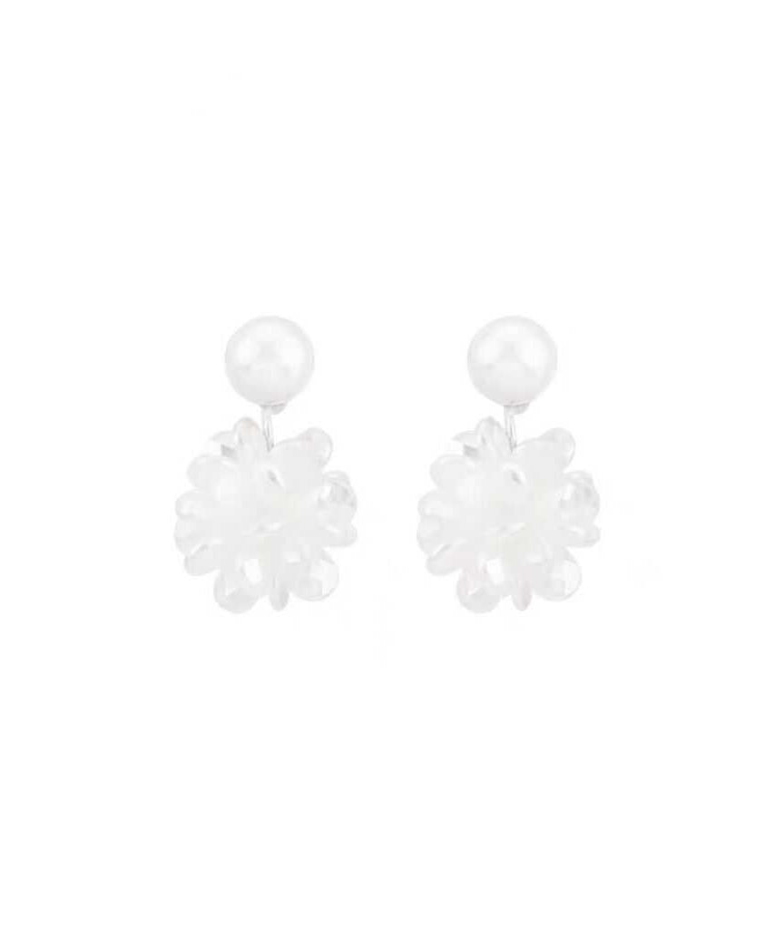 French White Sterling Silver Pearl Resin Floral Stud Earrings