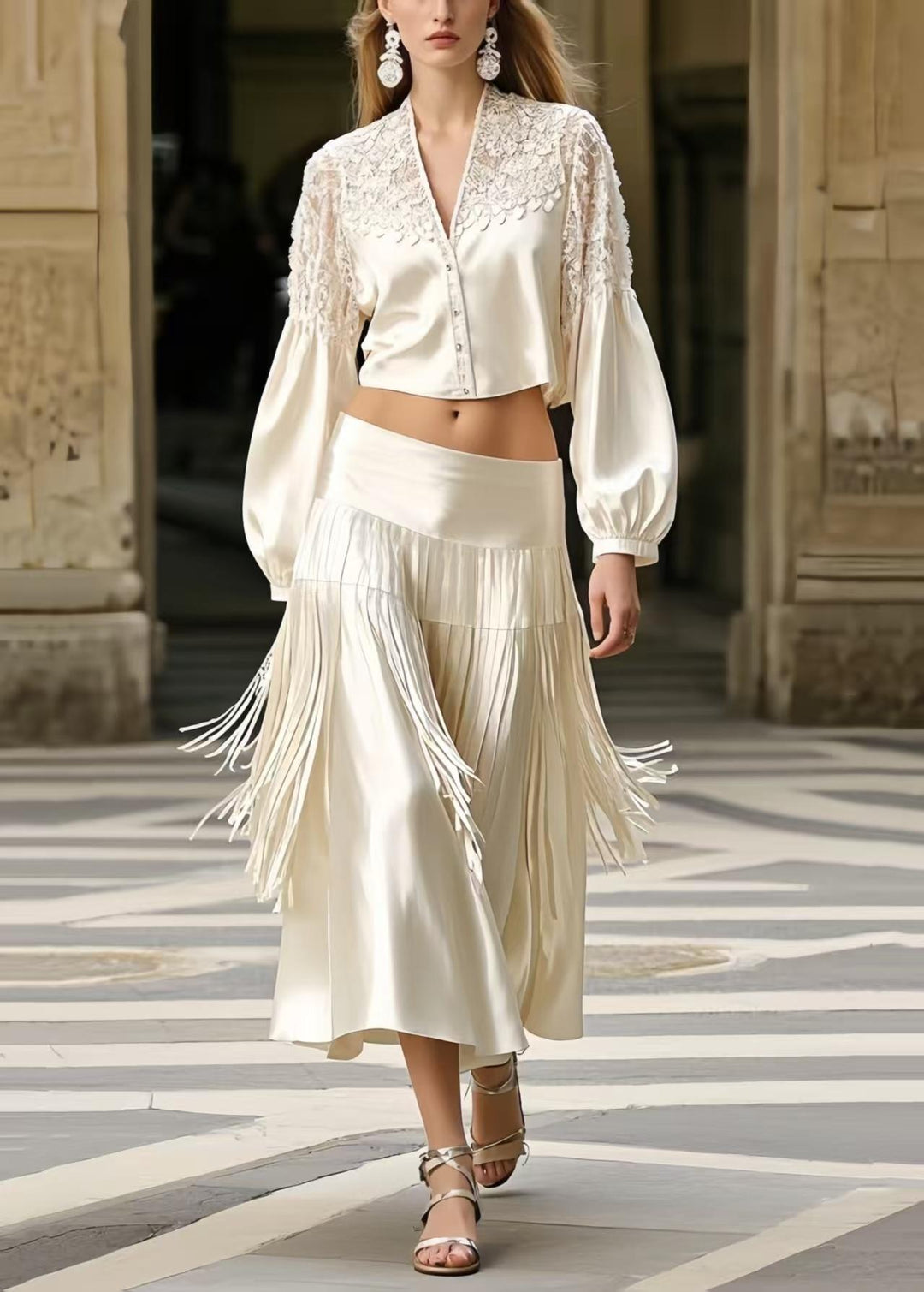 French White Tasseled Draping Silk Two Pieces Set Spring