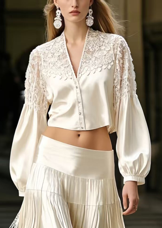 French White Tasseled Draping Silk Two Pieces Set Spring