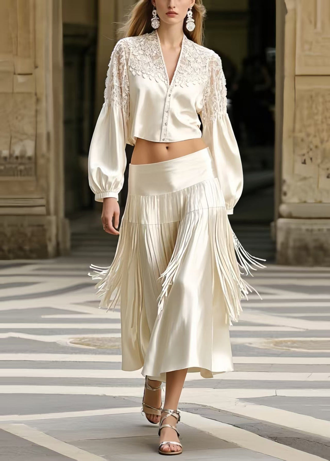 French White Tasseled Draping Silk Two Pieces Set Spring